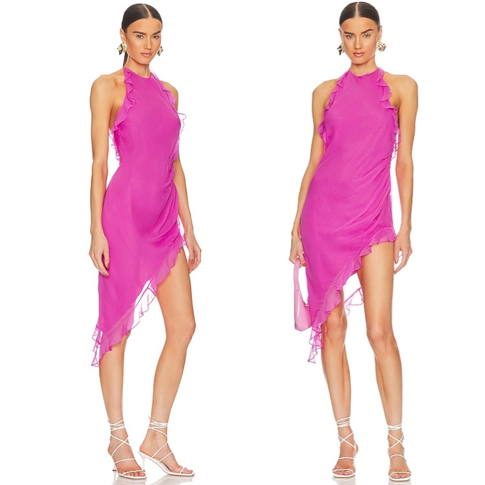 Amanda Uprichard Hot Pink Asymmetrical Ruffle Halter Dress